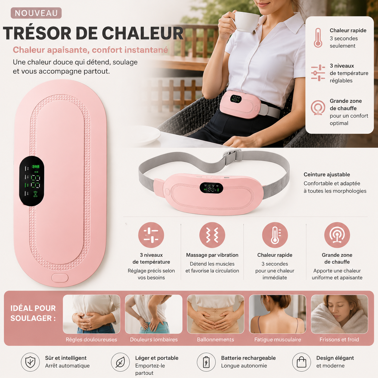 Ceinture Chauffante Menstruelle — Soulagement Instantané des Douleurs de Règles