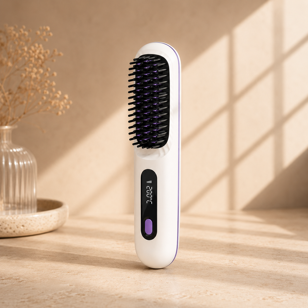 Brosse Lissante Chauffante Portable — Cheveux Lisses & Brillants en 5 Minutes