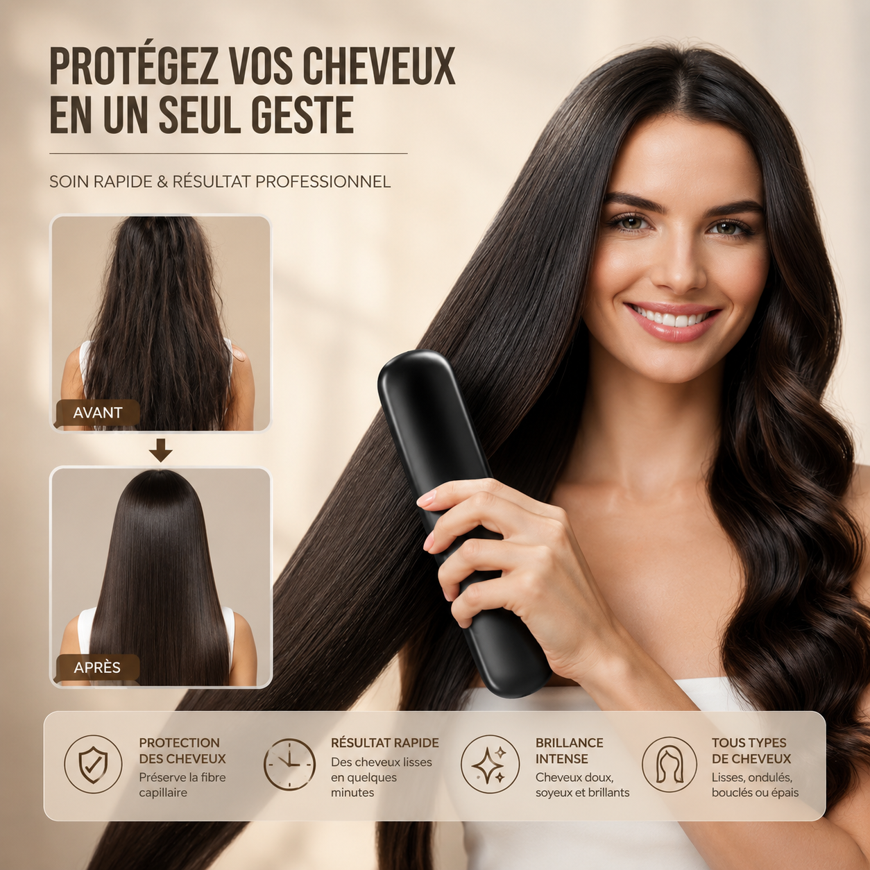 Brosse Lissante Chauffante Portable — Cheveux Lisses & Brillants en 5 Minutes