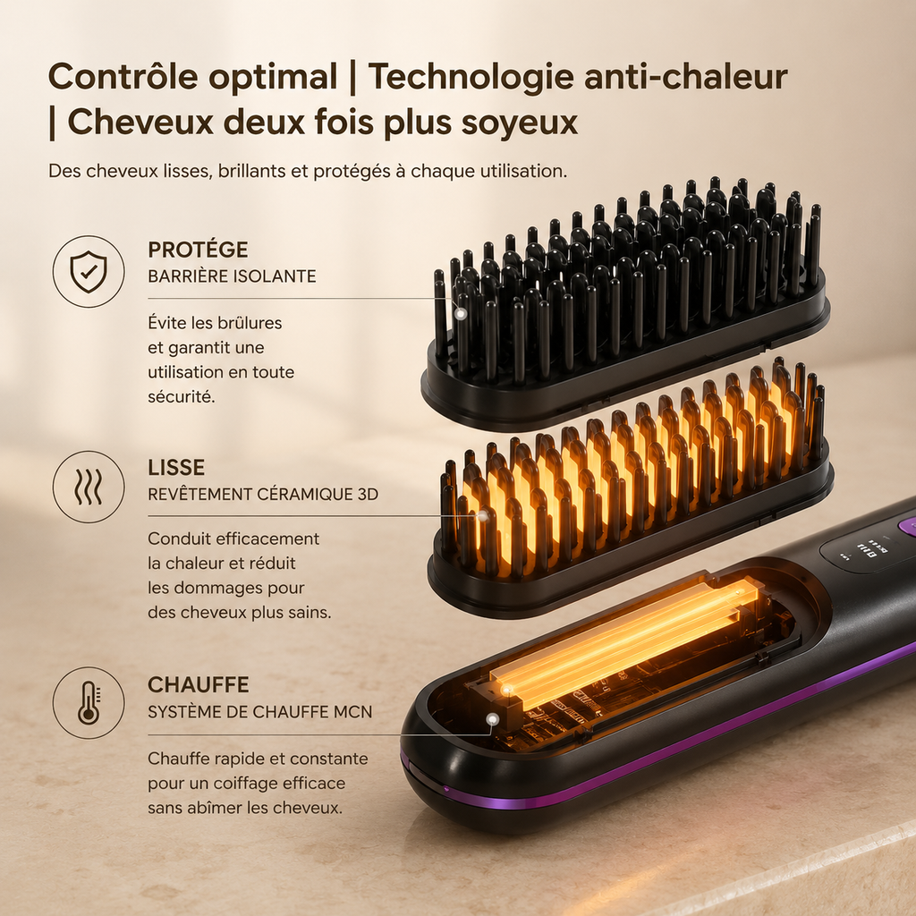 Brosse Lissante Chauffante Portable — Cheveux Lisses & Brillants en 5 Minutes