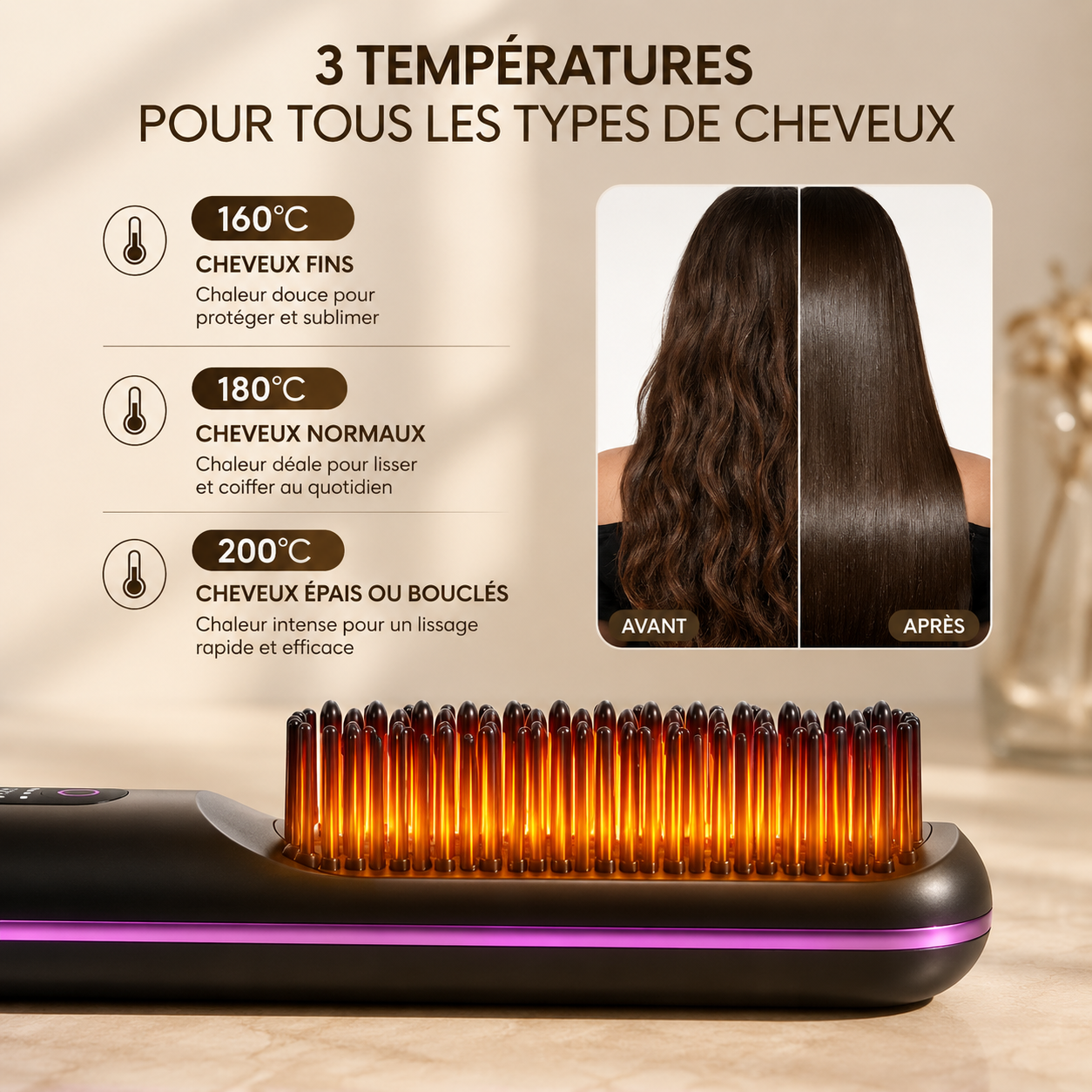 Brosse Lissante Chauffante Portable — Cheveux Lisses & Brillants en 5 Minutes