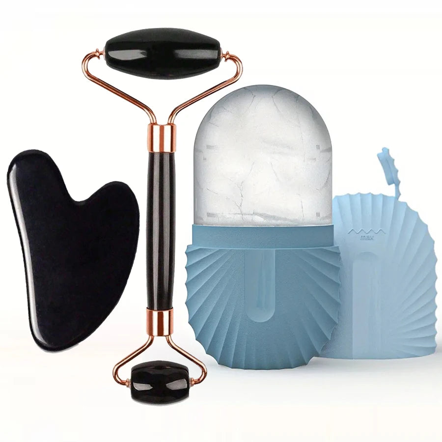 Kit Gua Sha, Ice Roller & Rouleau Massant — Visage Dégonflé et Peau Lumineuse en 5 Minutes