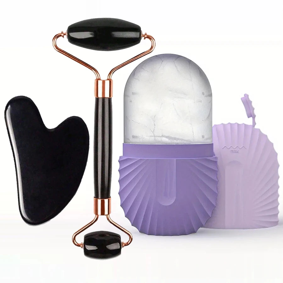 Kit Gua Sha, Ice Roller & Rouleau Massant — Visage Dégonflé et Peau Lumineuse en 5 Minutes