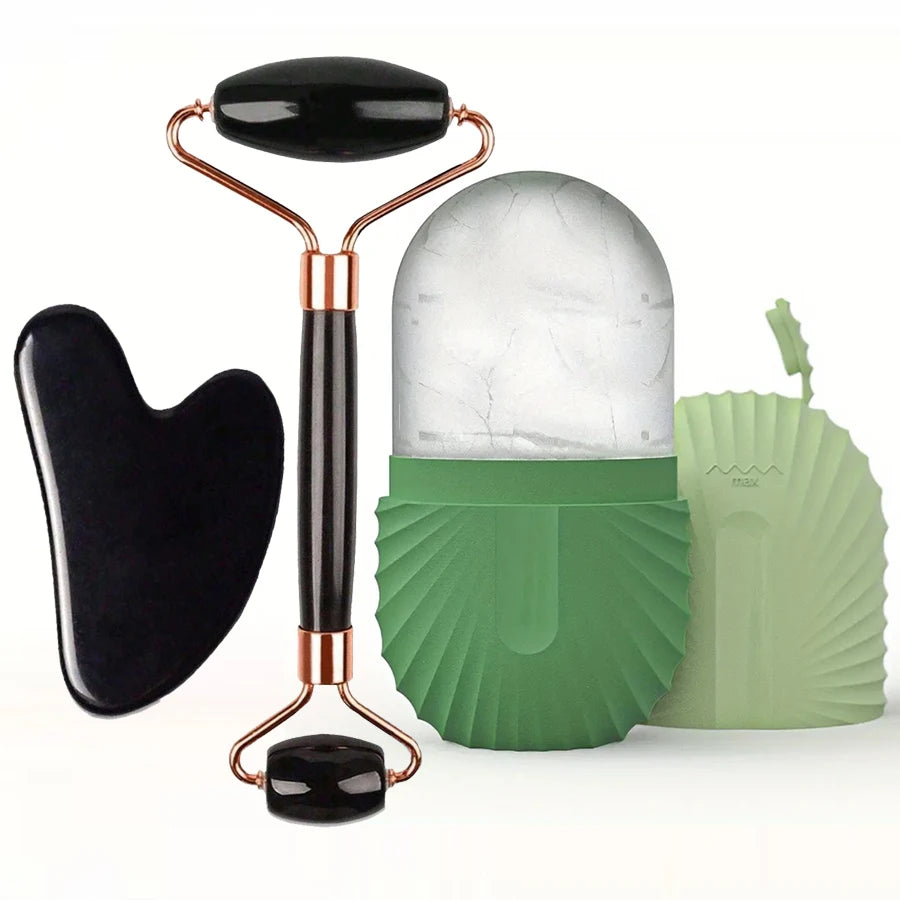 Kit Gua Sha, Ice Roller & Rouleau Massant — Visage Dégonflé et Peau Lumineuse en 5 Minutes