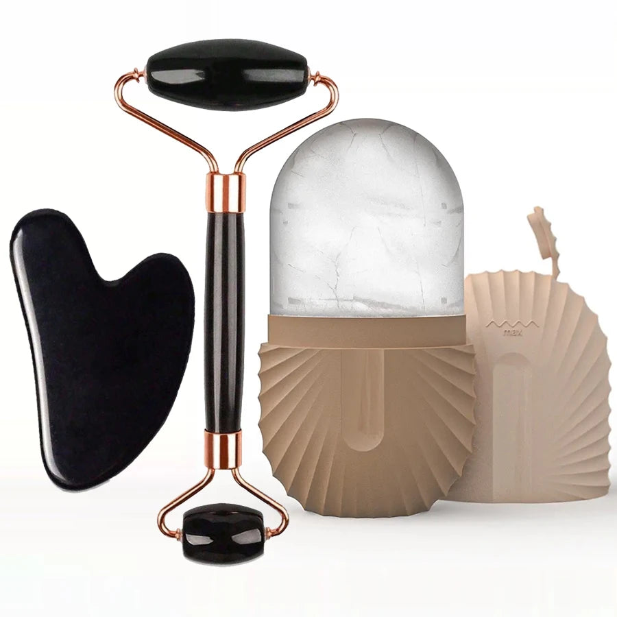 Kit Gua Sha, Ice Roller & Rouleau Massant — Visage Dégonflé et Peau Lumineuse en 5 Minutes