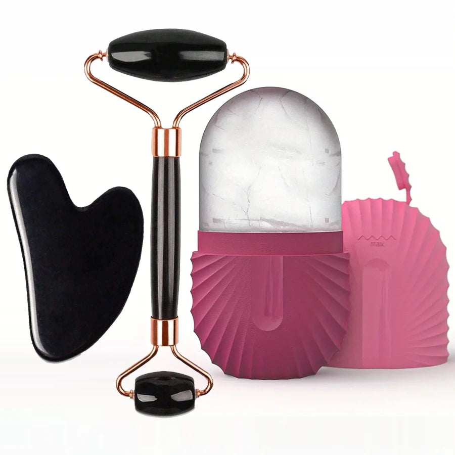 Kit Gua Sha, Ice Roller & Rouleau Massant — Visage Dégonflé et Peau Lumineuse en 5 Minutes
