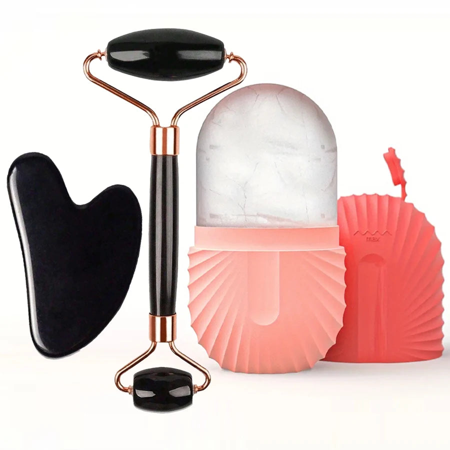 Kit Gua Sha, Ice Roller & Rouleau Massant — Visage Dégonflé et Peau Lumineuse en 5 Minutes
